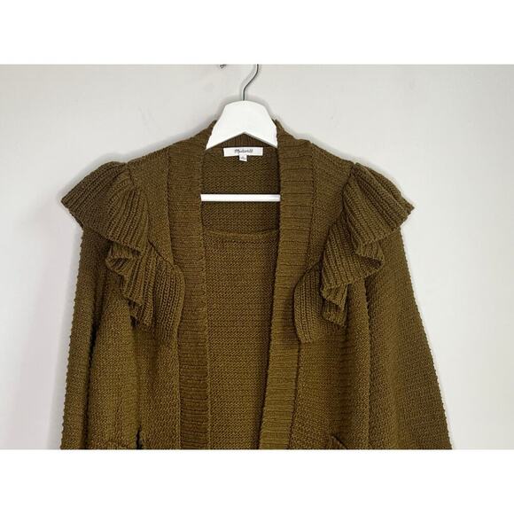 Madewell Ruffle Trim Long Sleeve Knit Cardigan Sweater Golden Spinach Womens M - Picture 3 of 9